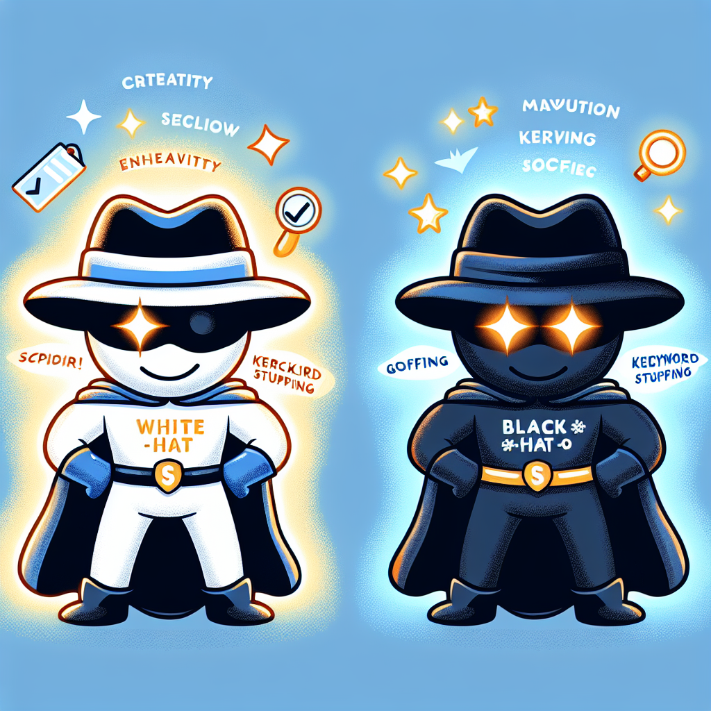 A creative illustration showing a superhero theme representing white-hat SEO techniques versus black-hat techniques, with visuals of ethical practices like quality content and backlinks versus unethical practices like keyword stuffing