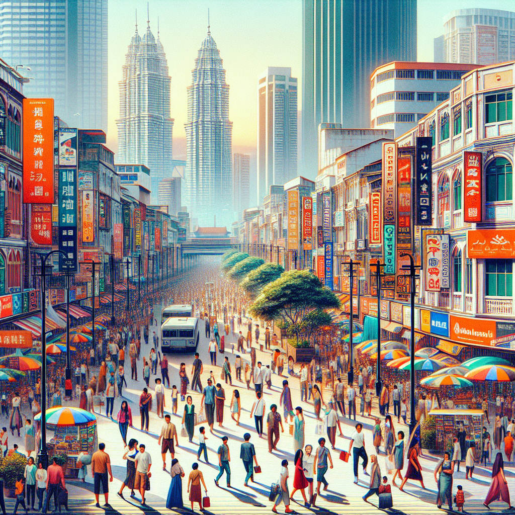 A vibrant street view of Kuala Lumpur showcasing diverse businesses with people interacting and engaging with their surroundings