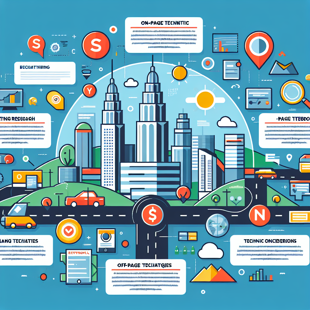 An infographic illustrating key components of a successful local SEO strategy in Kuala Lumpur, featuring keyword research, on-page techniques, off-page strategies, and technical considerations.