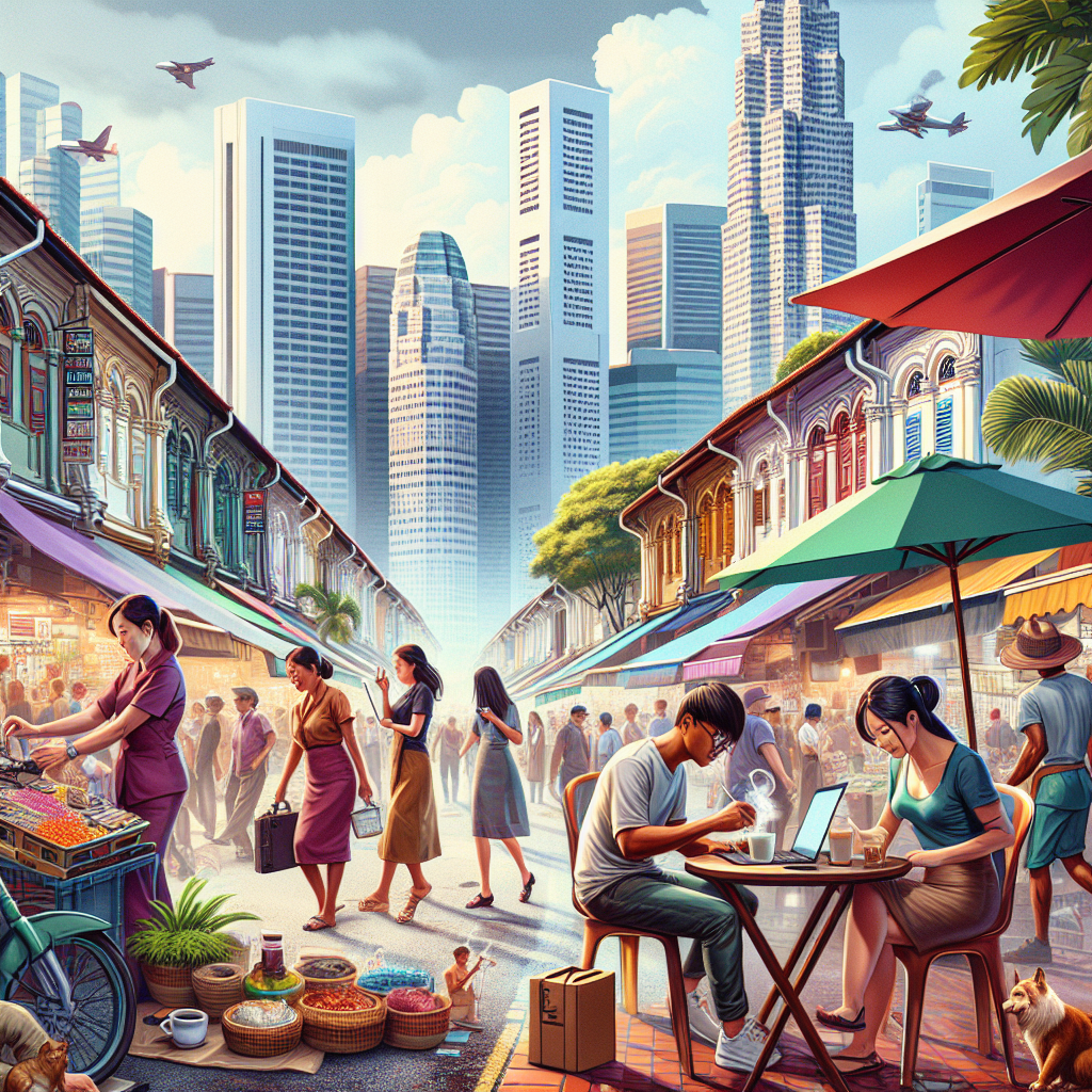 A vibrant street scene in Singapore showcasing people engaging in various side hustles such as freelancing at cafes, selling handmade crafts at markets, and working on laptops outdoors.