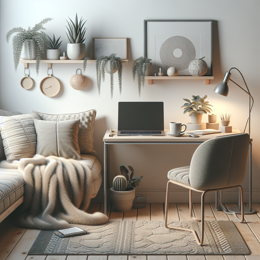 A cozy home office setup with a laptop, coffee cup, and plants