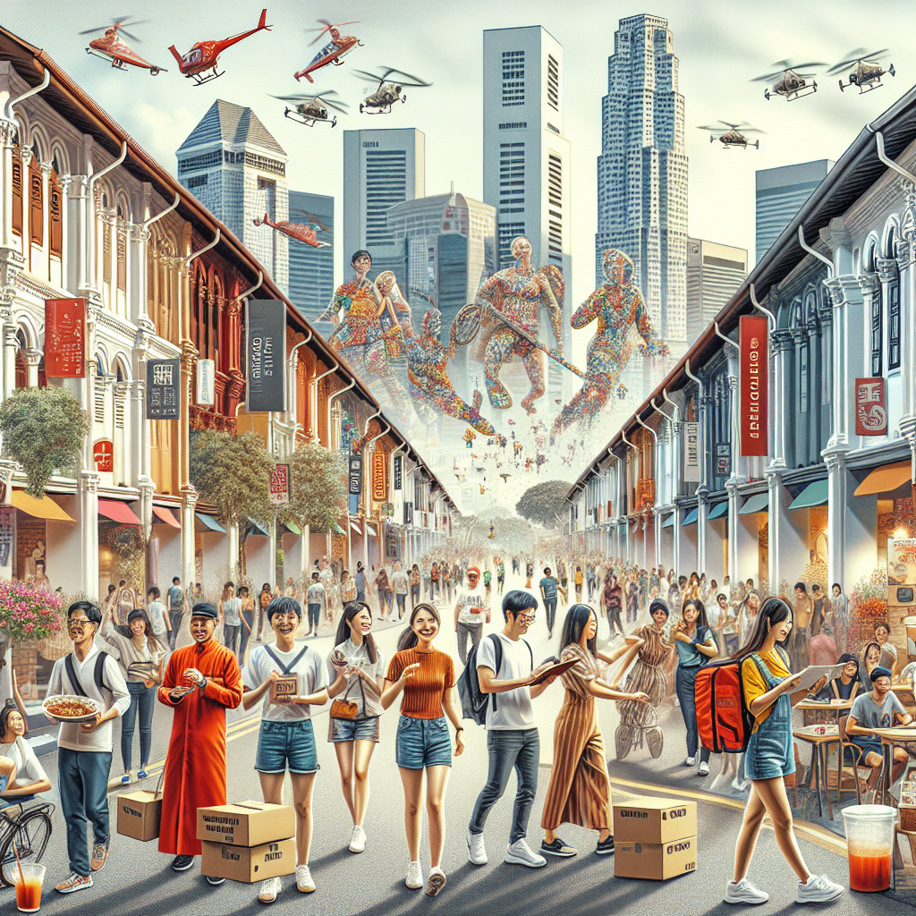 A vibrant street scene in Singapore during the weekend with people engaging in various part-time jobs like food delivery and tutoring