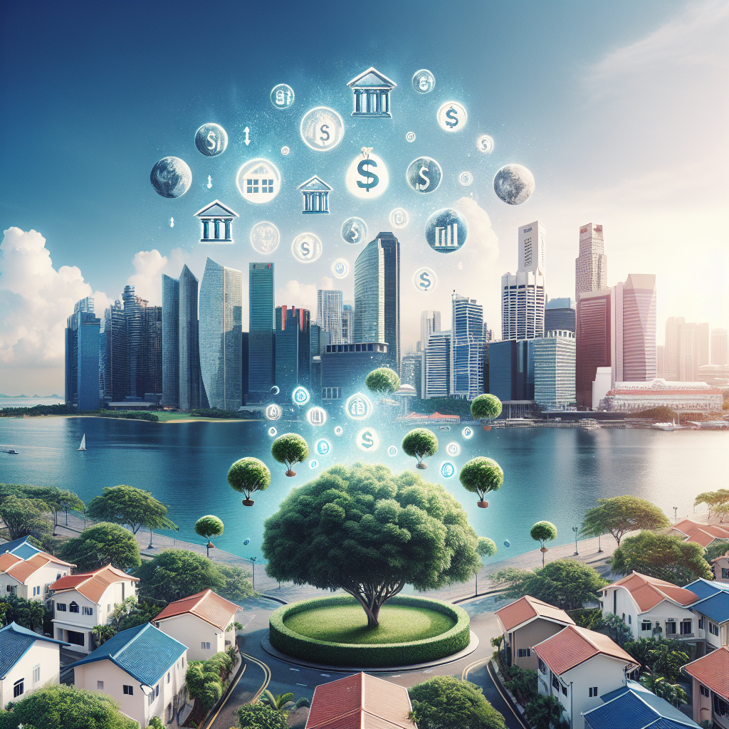 A serene image depicting various passive income streams such as rental properties, stock dividends, and online courses with tropical Singapore backdrop