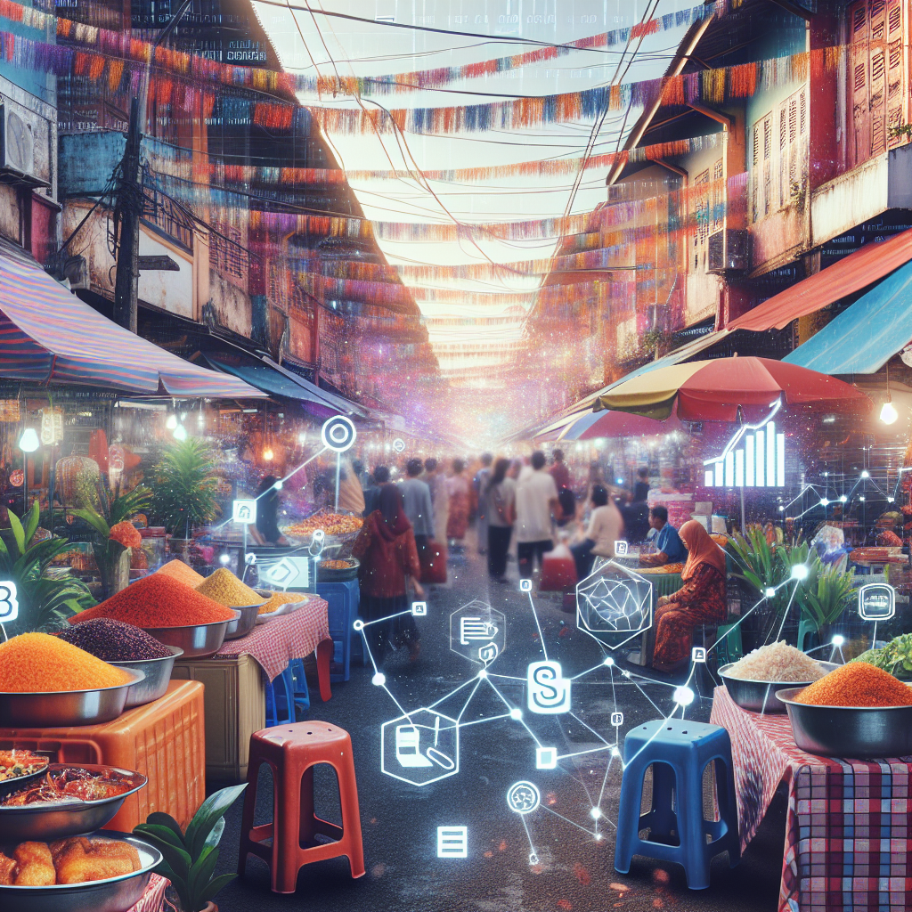 A vibrant Malaysian street market scene showing various local foods and businesses with digital marketing elements like graphs and SEO keywords