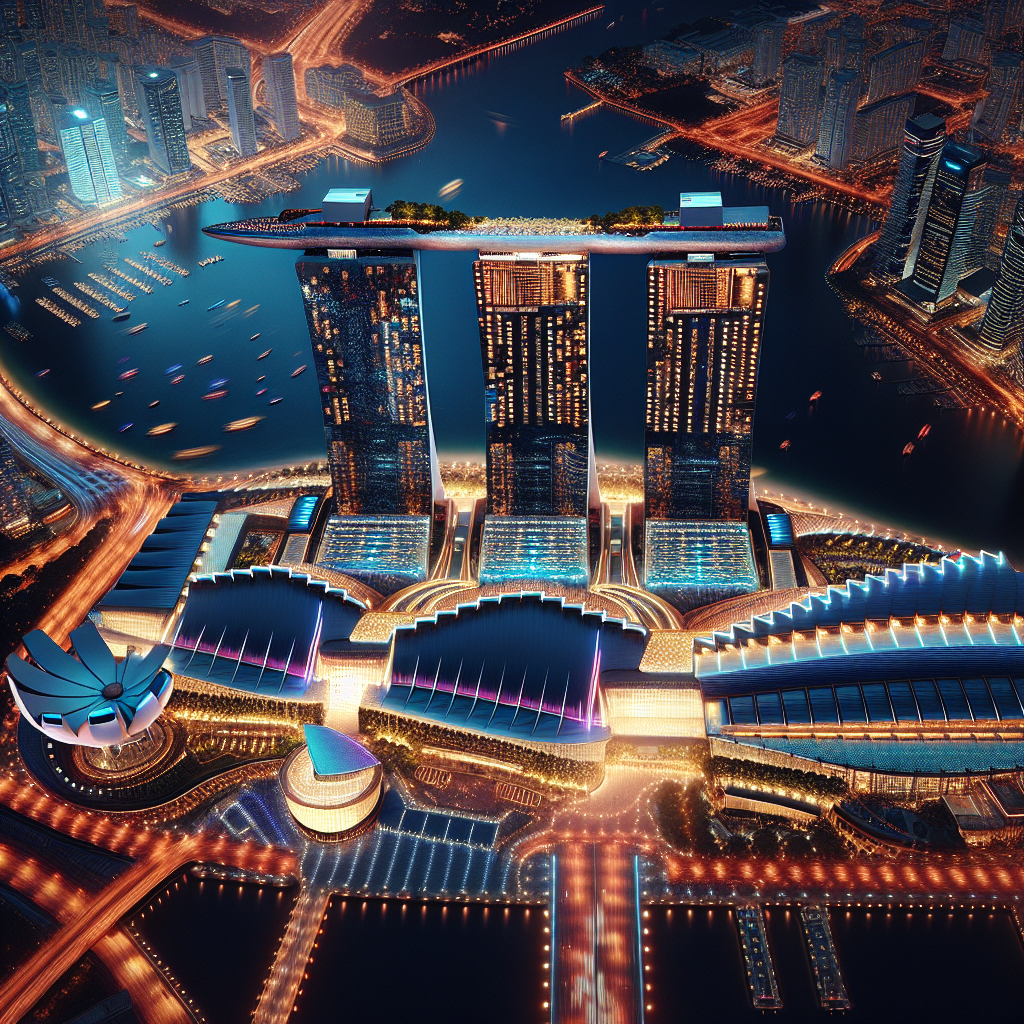 Aerial view of Marina Bay Sands Casino at night with vibrant lights