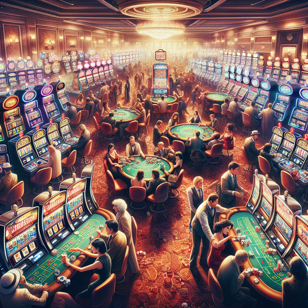 A vibrant casino floor with people playing various games including slot machines and table games