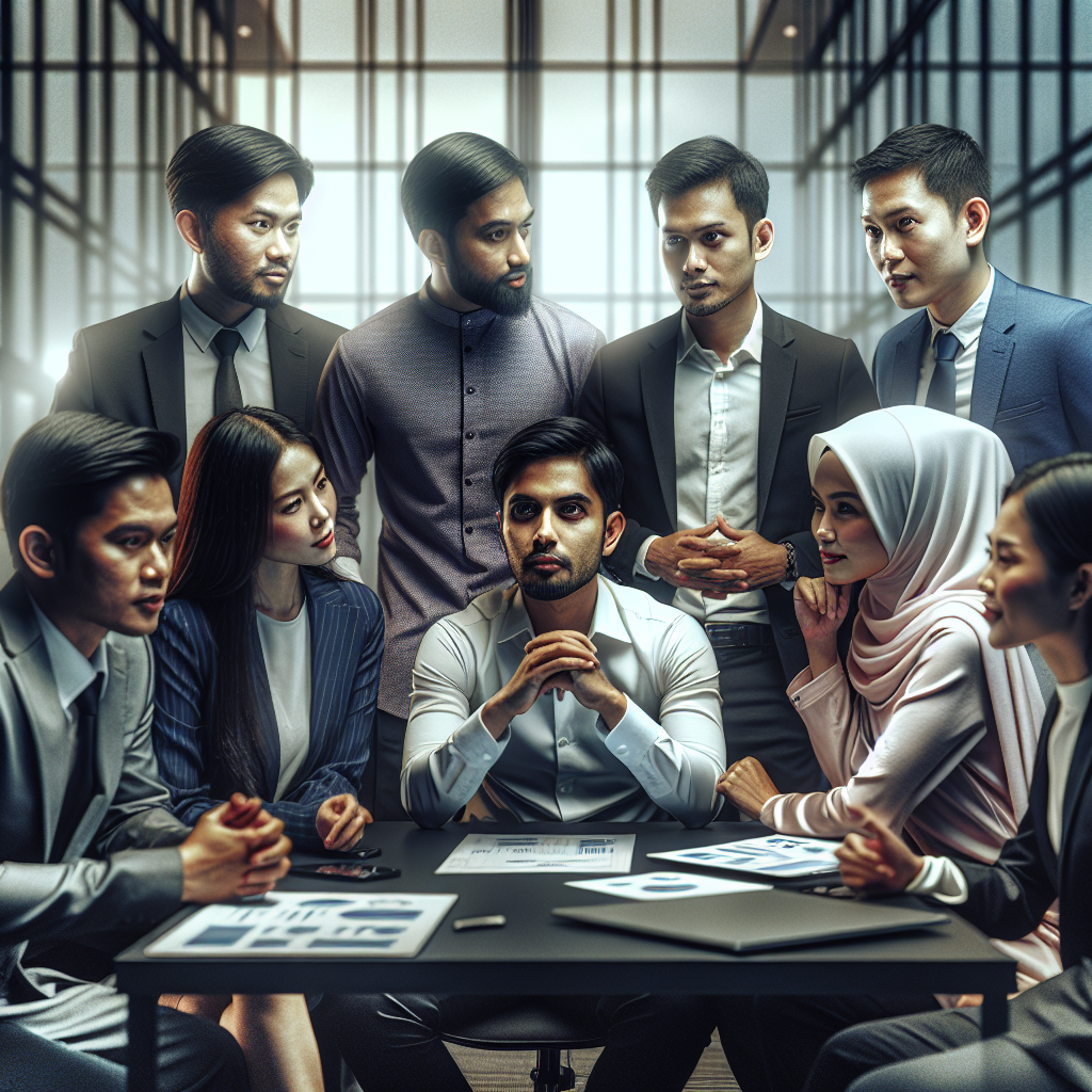 A diverse group of Malaysian business owners discussing various SEO packages in a modern office setting