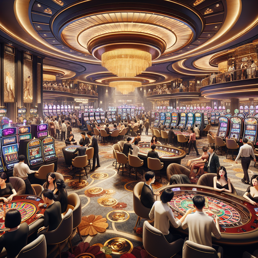 A bustling luxury casino interior in Singapore with vibrant lighting, people playing slot machines and table games