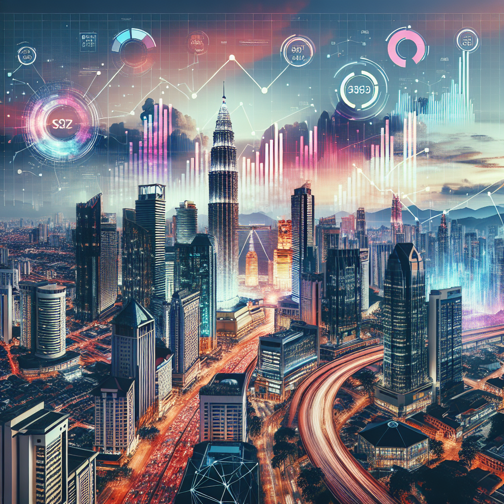 A vibrant cityscape of Kuala Lumpur showcasing digital marketing elements like SEO charts and analytics overlays