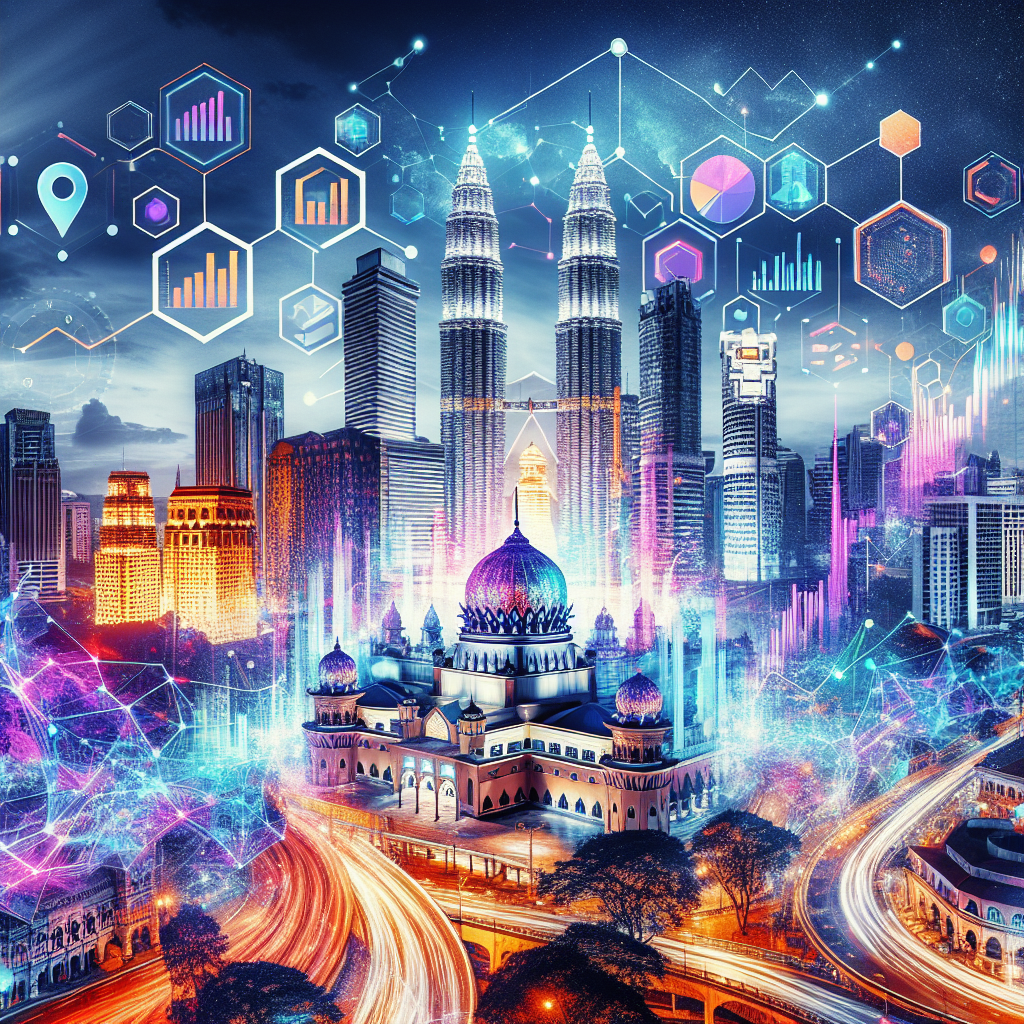 A vibrant cityscape of Kuala Lumpur showcasing digital marketing elements such as charts and graphs overlayed on iconic landmarks