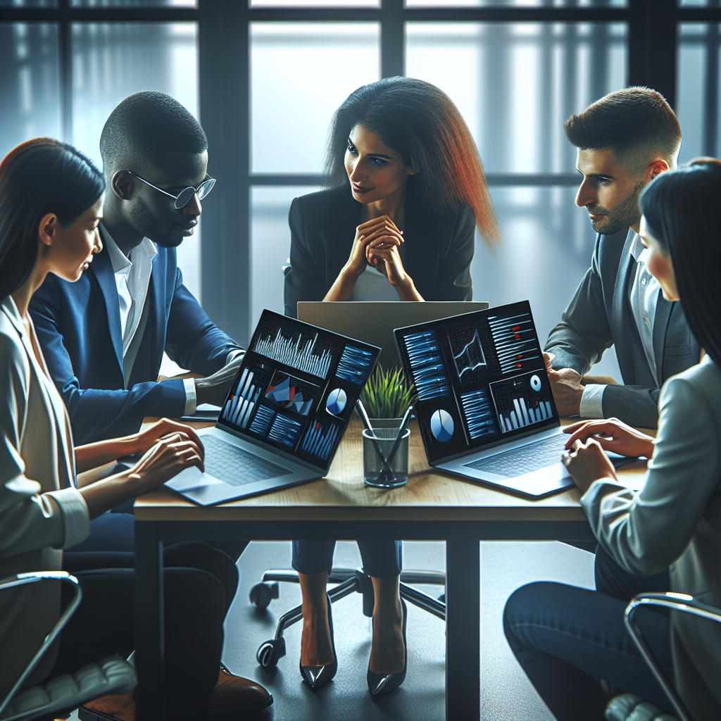 A modern office environment with a team discussing SEO strategies over laptops, colorful charts on screens