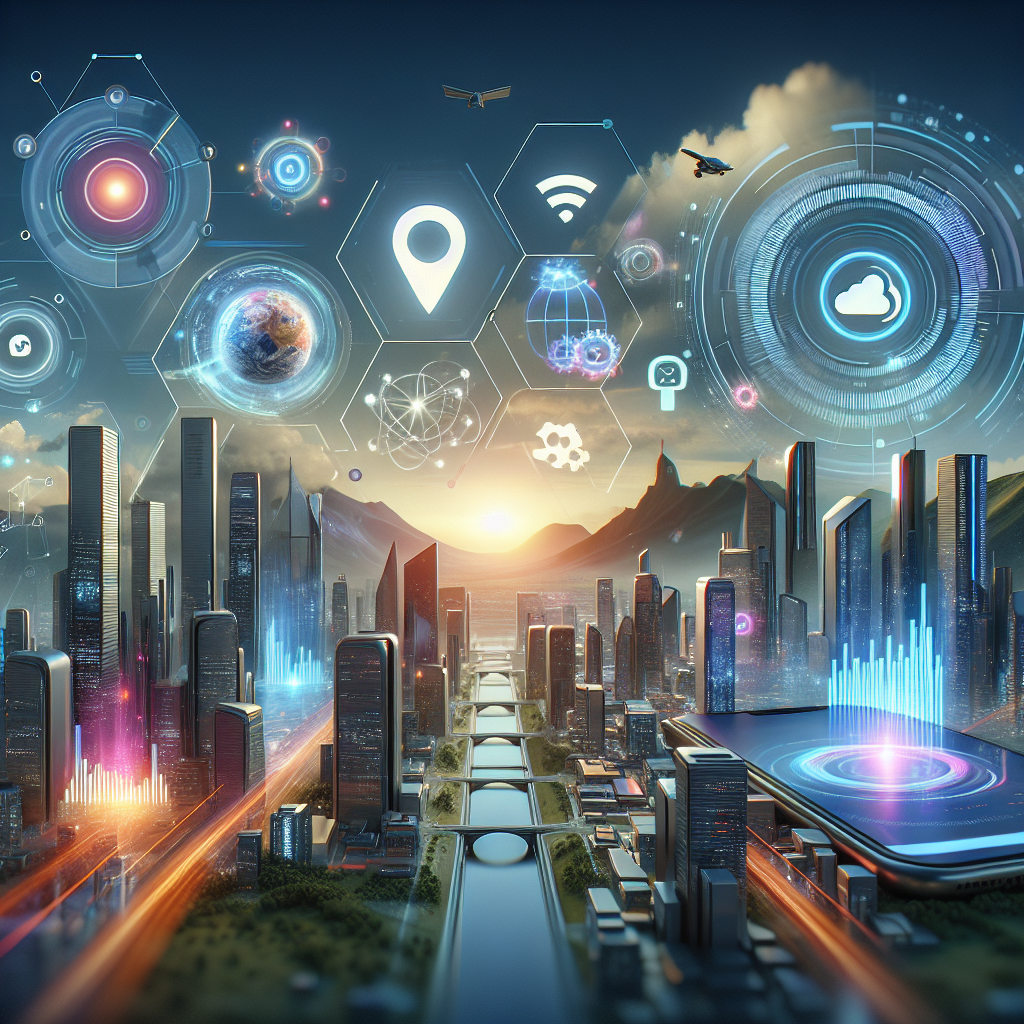 A futuristic digital marketing landscape showcasing mobile optimization, AI technology, voice search interaction, and user experience design concepts