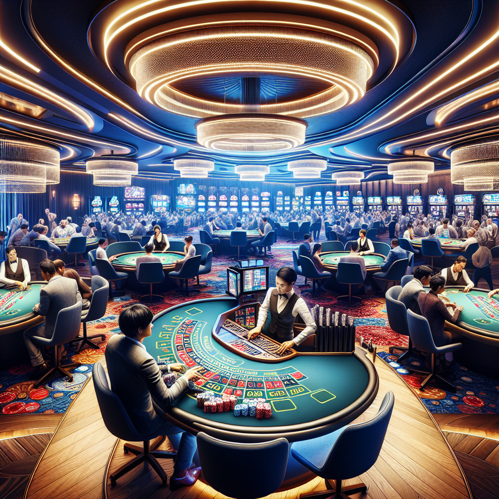 A vibrant scene showcasing a live dealer casino setup with players engaged at tables for blackjack and roulette, featuring high-definition screens and interactive elements