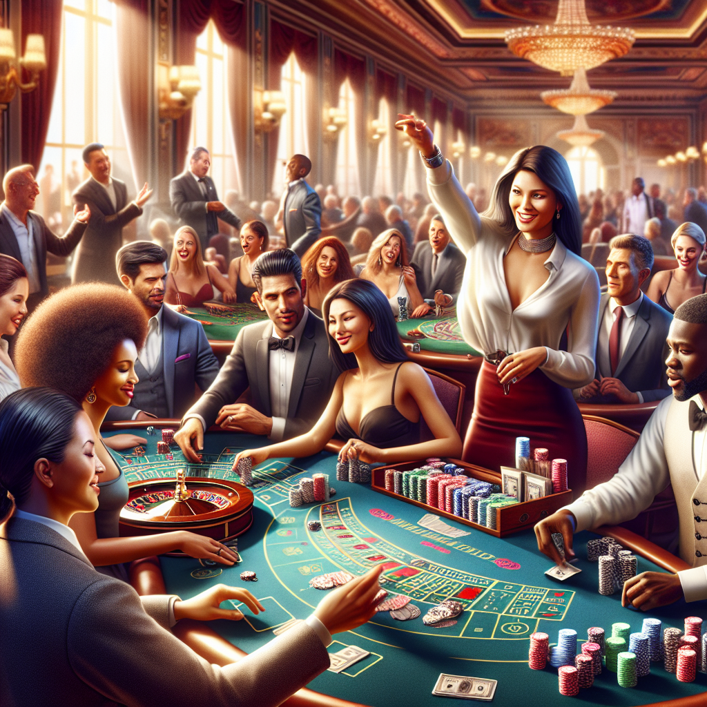 A vibrant live casino scene showcasing a variety of table games like blackjack and roulette with enthusiastic players interacting with dealers