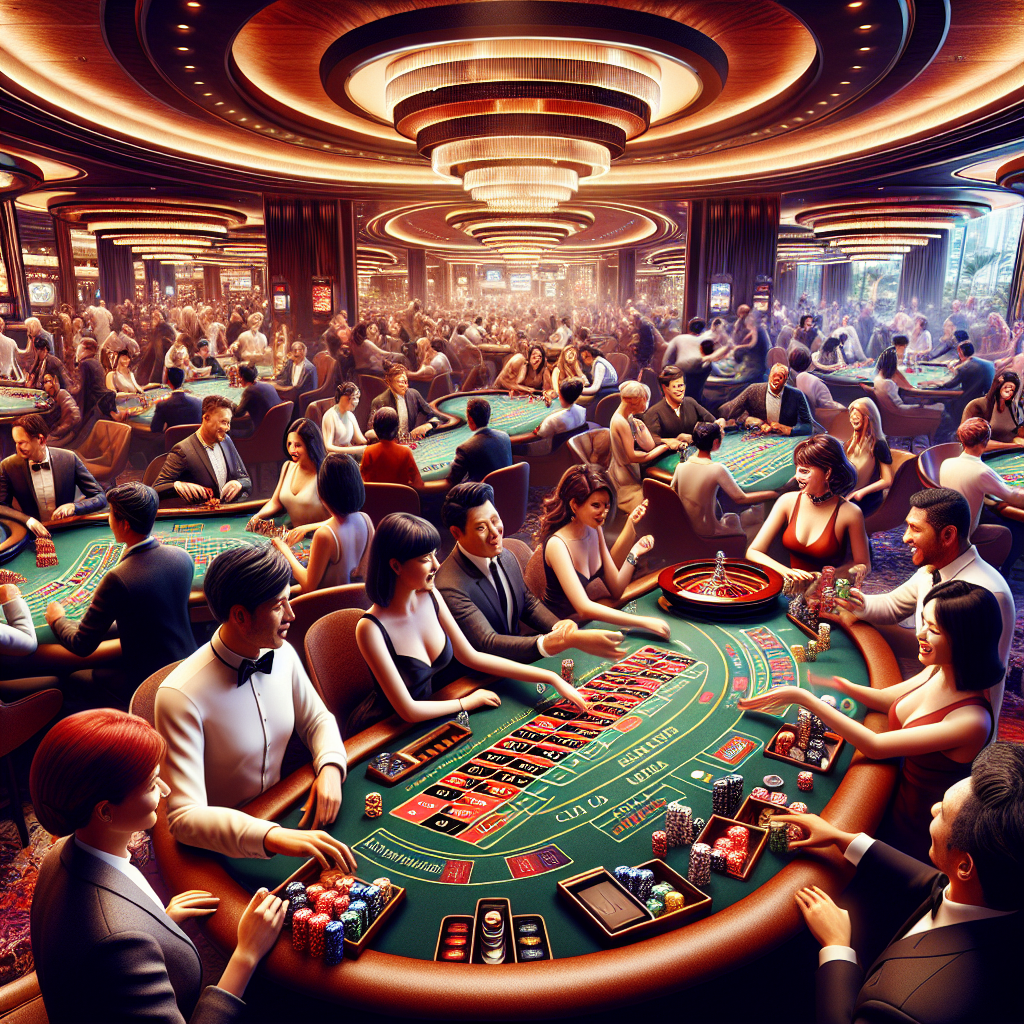 A vibrant depiction of a modern live casino setup in Singapore, showcasing players engaging with live dealers at various tables like roulette, blackjack, and baccarat.