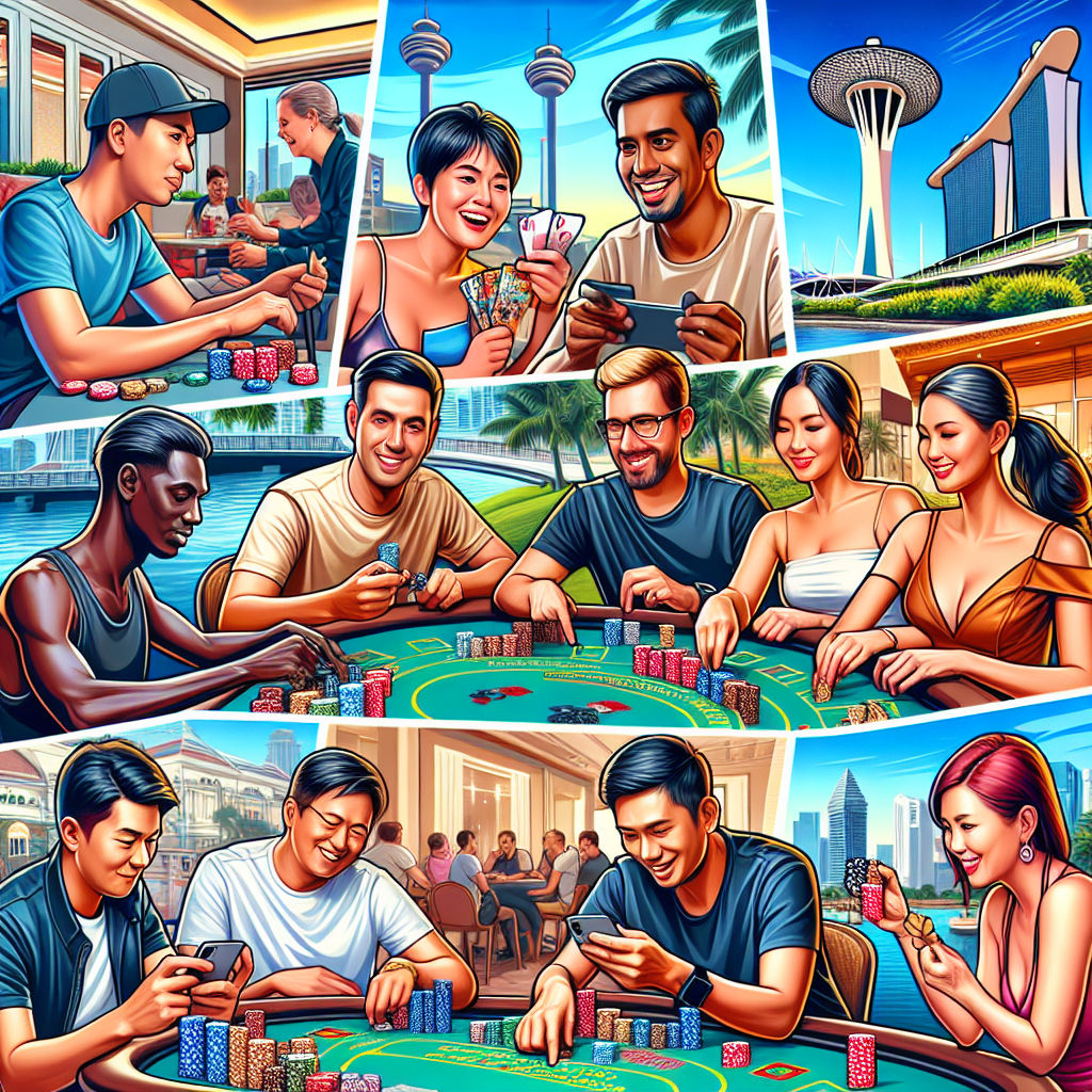 A vibrant illustration showing people enjoying mobile live casino gaming in various settings around Singapore - cafes, parks, homes - showcasing excitement and interaction