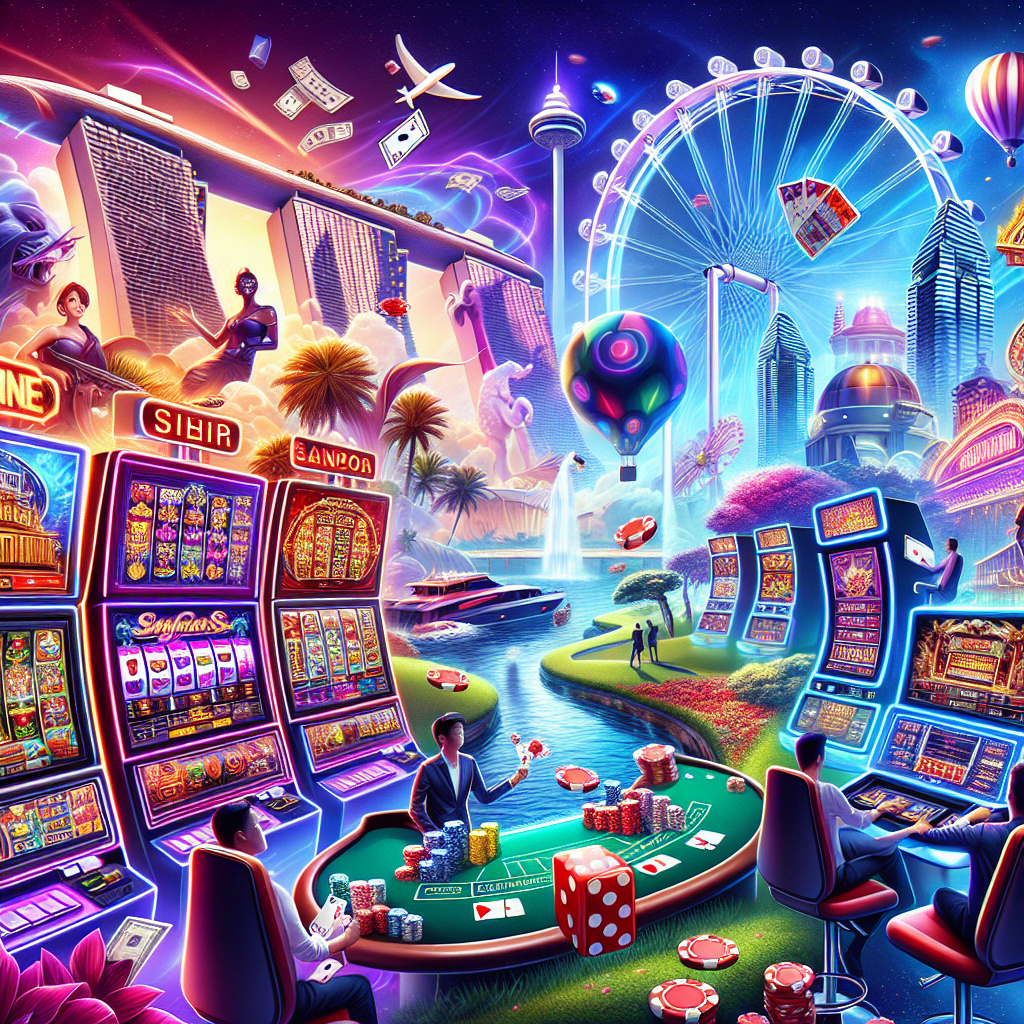 A vibrant illustration showcasing various online casino games such as slots, poker, and live dealer tables set against a backdrop of iconic Singapore landmarks