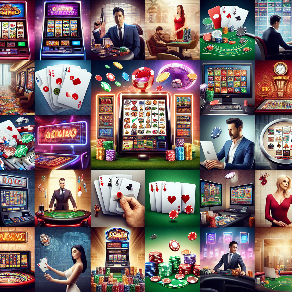 A vibrant collage showcasing various online casino games including slots, poker tables, and live dealer setups