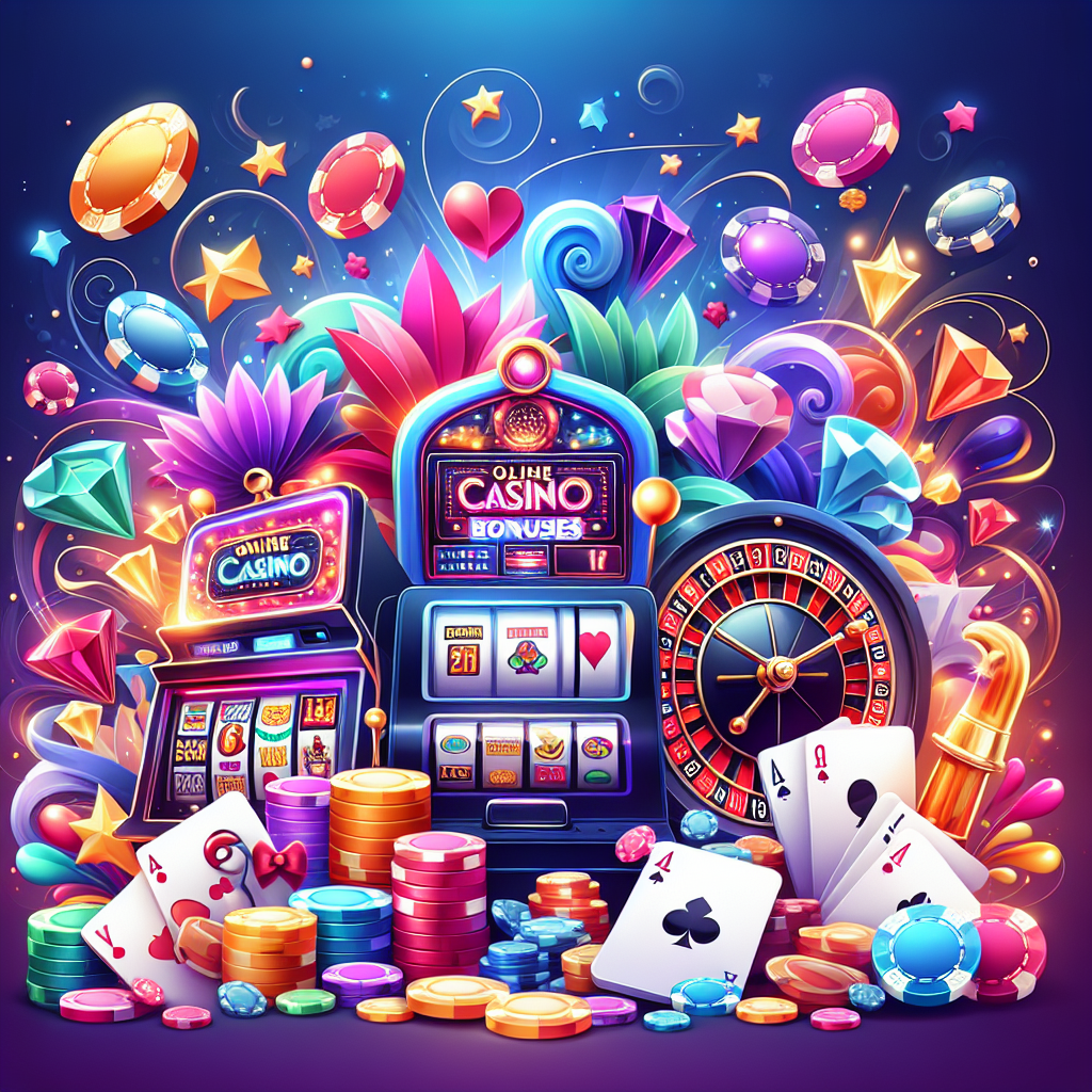 A vibrant illustration showing various online casino bonuses and promotions with bright colors and engaging graphics