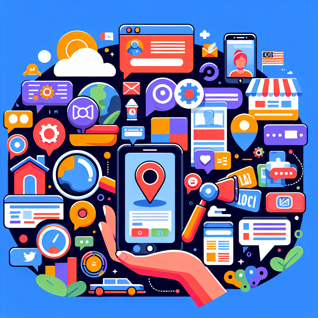 A colorful illustration representing digital marketing in Malaysia with elements like websites, search engines, and local businesses