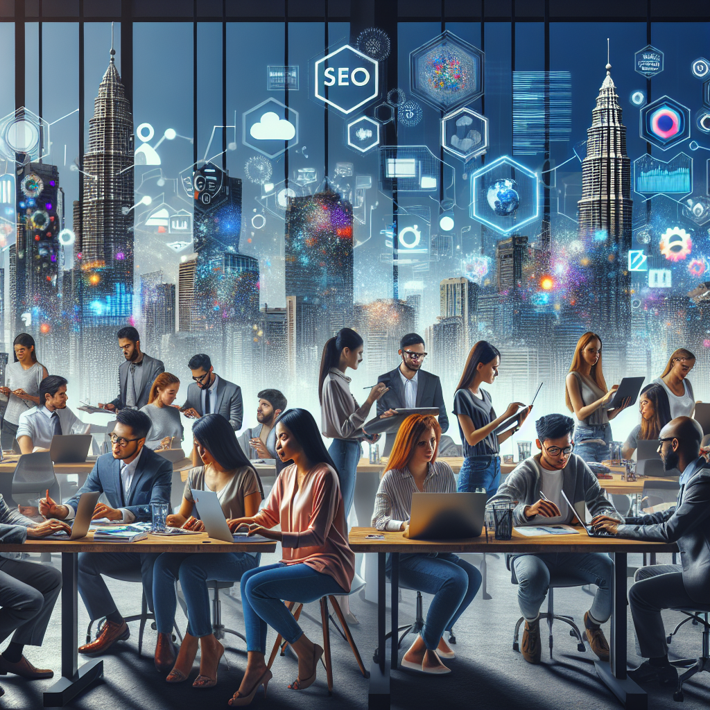 A vibrant digital marketing scene in Kuala Lumpur showcasing diverse professionals working on SEO strategies