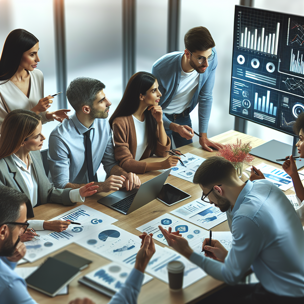 A vibrant office scene showcasing a team of diverse professionals brainstorming over digital marketing strategies with charts and graphs displayed on screens