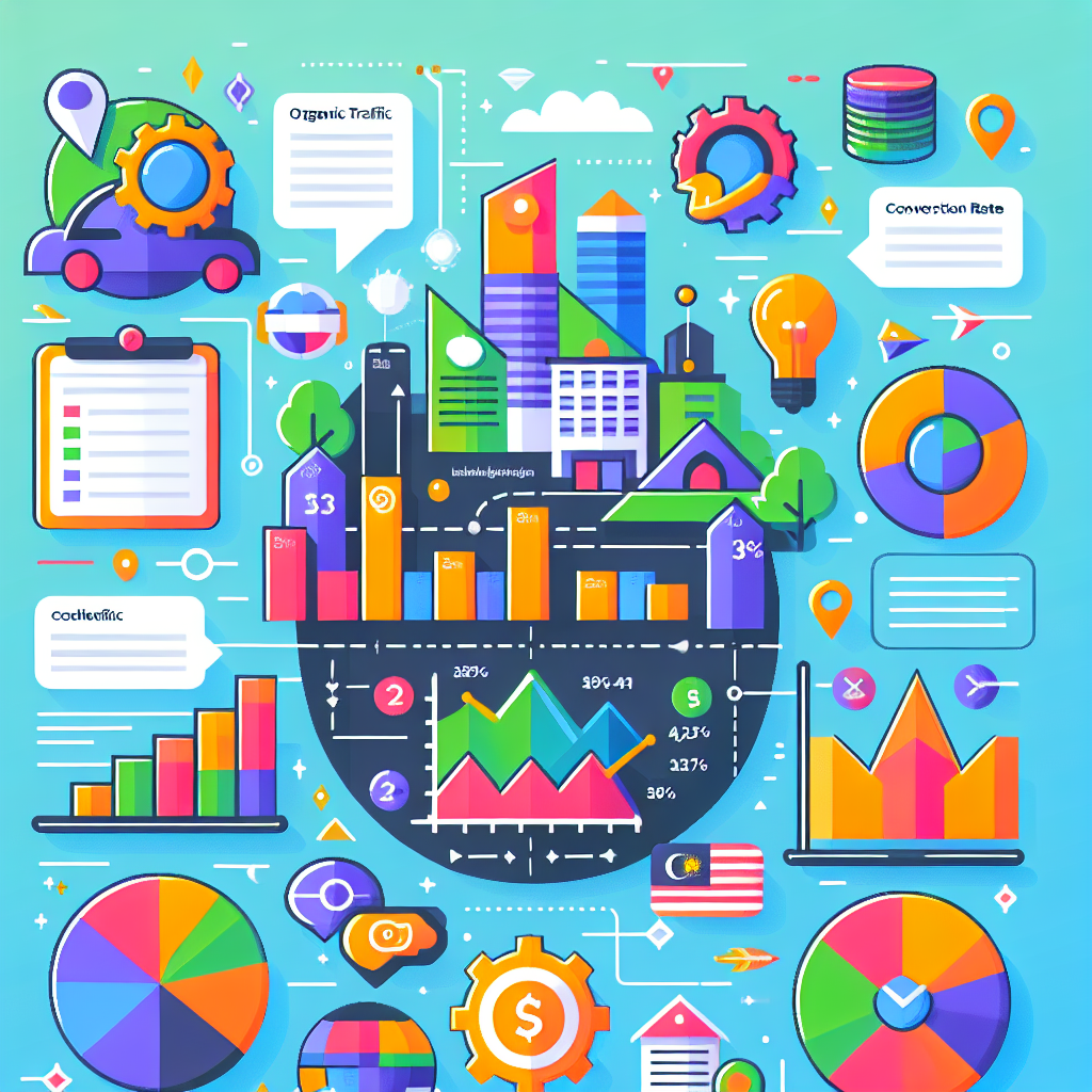 A vibrant infographic showcasing key SEO metrics for businesses in Malaysia, including charts and icons representing organic traffic, conversion rates, and local pack visibility.