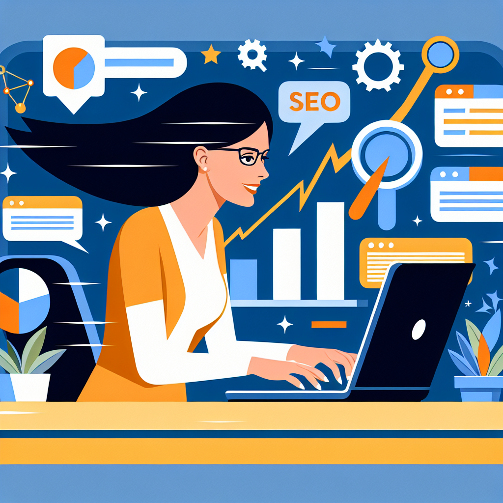 A vibrant illustration depicting an SEO specialist working on a laptop surrounded by charts and graphs, symbolizing digital marketing success