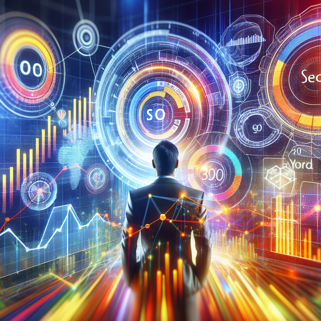 A vibrant digital marketing landscape showing various elements like graphs and charts representing SEO growth and online visibility