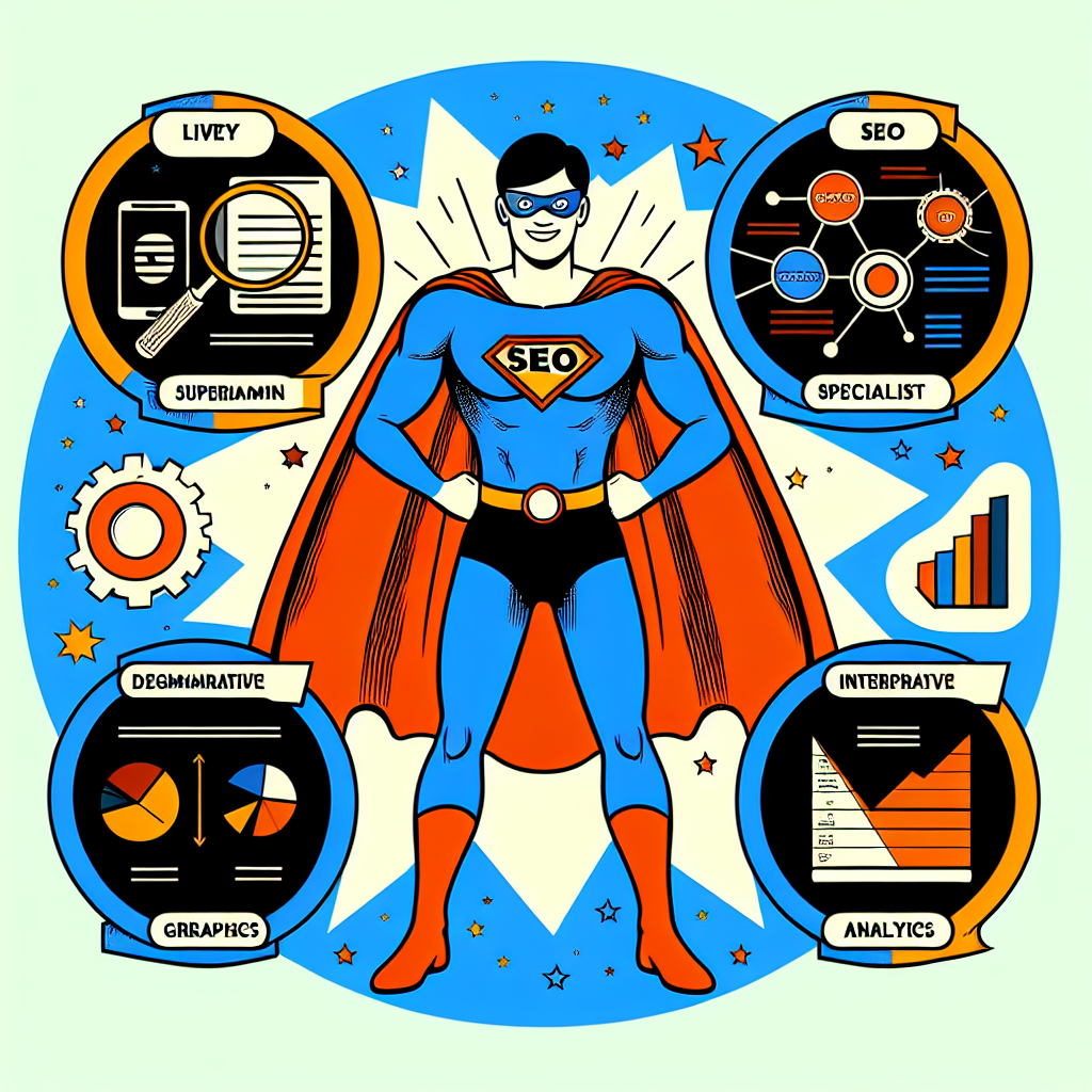 A superhero figure representing an SEO specialist, surrounded by digital marketing elements like keywords, graphs, and analytics charts