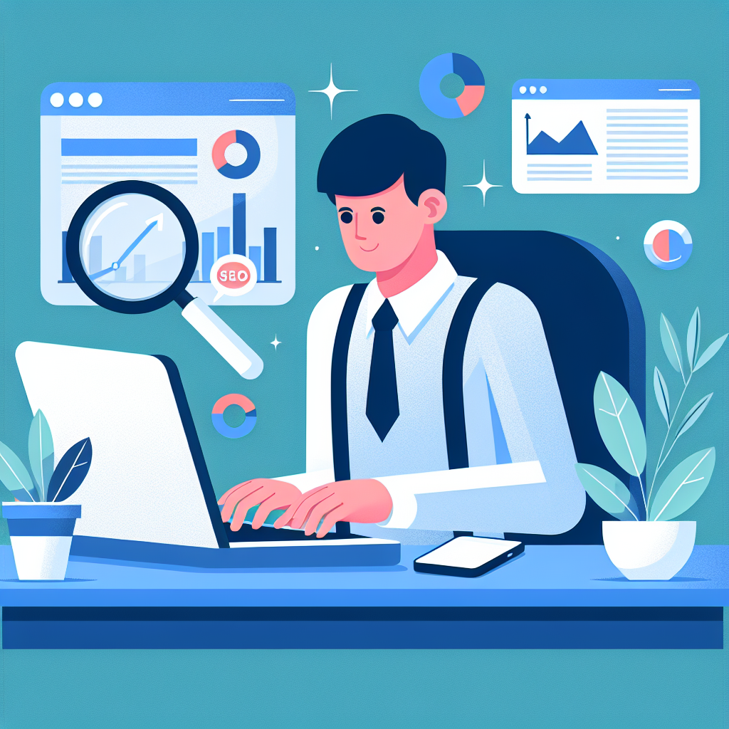 A vibrant illustration depicting a friendly SEO specialist analyzing website data on a laptop, surrounded by charts and graphs representing growth in search rankings