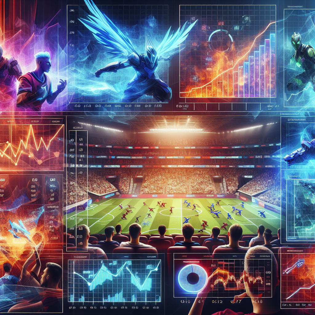 A vibrant illustration depicting various esports games being played with an overlay of betting odds and statistics