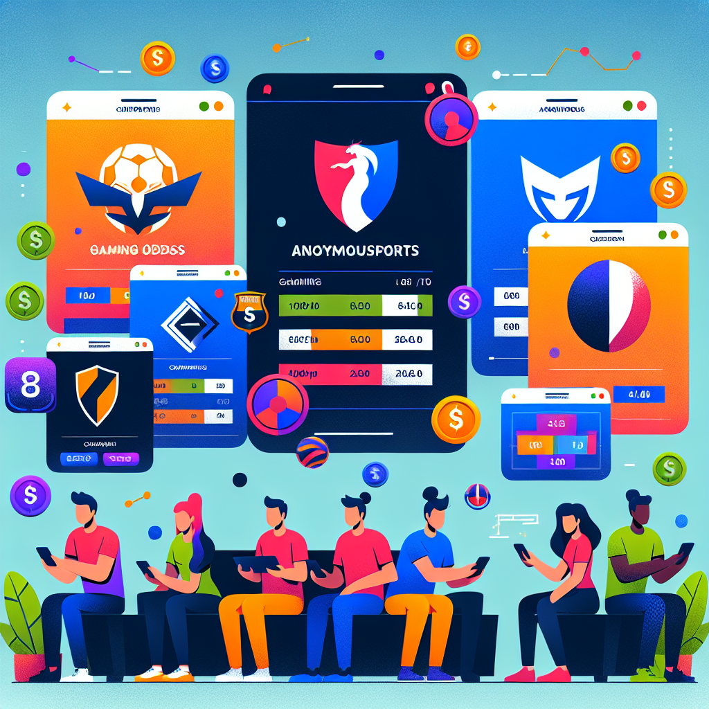 A vibrant illustration showing various esports betting platforms with logos, odds comparison charts, and gamers placing bets on their mobile devices