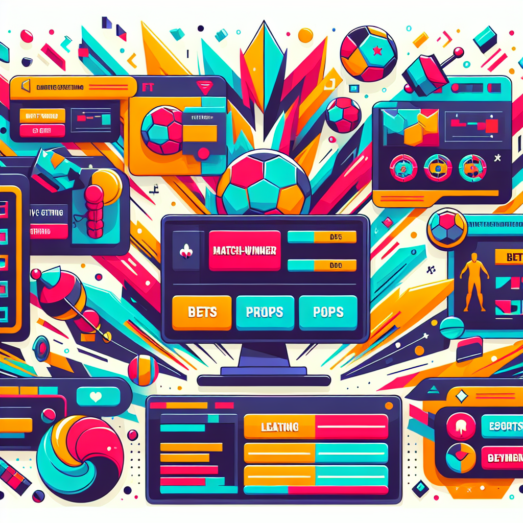A vibrant illustration depicting various types of esports betting options with graphics showing match-winner bets, prop bets, and live betting interfaces