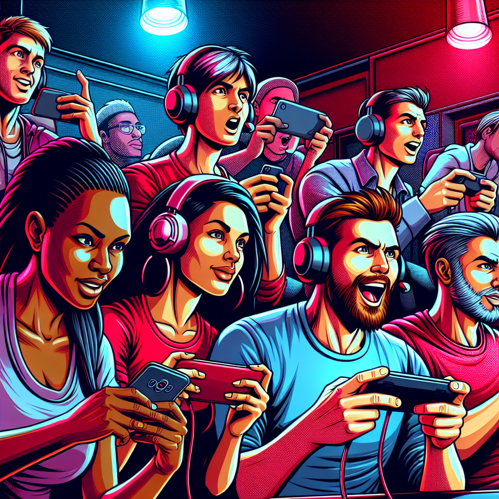 A vibrant illustration showing gamers using mobile devices to bet on esports matches with excitement