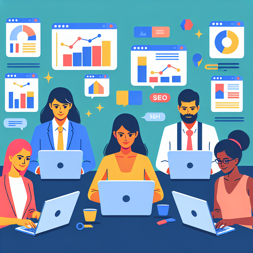 A vibrant illustration showing a diverse group of Malaysian business owners looking at their laptops with graphs and charts indicating SEO performance improvements