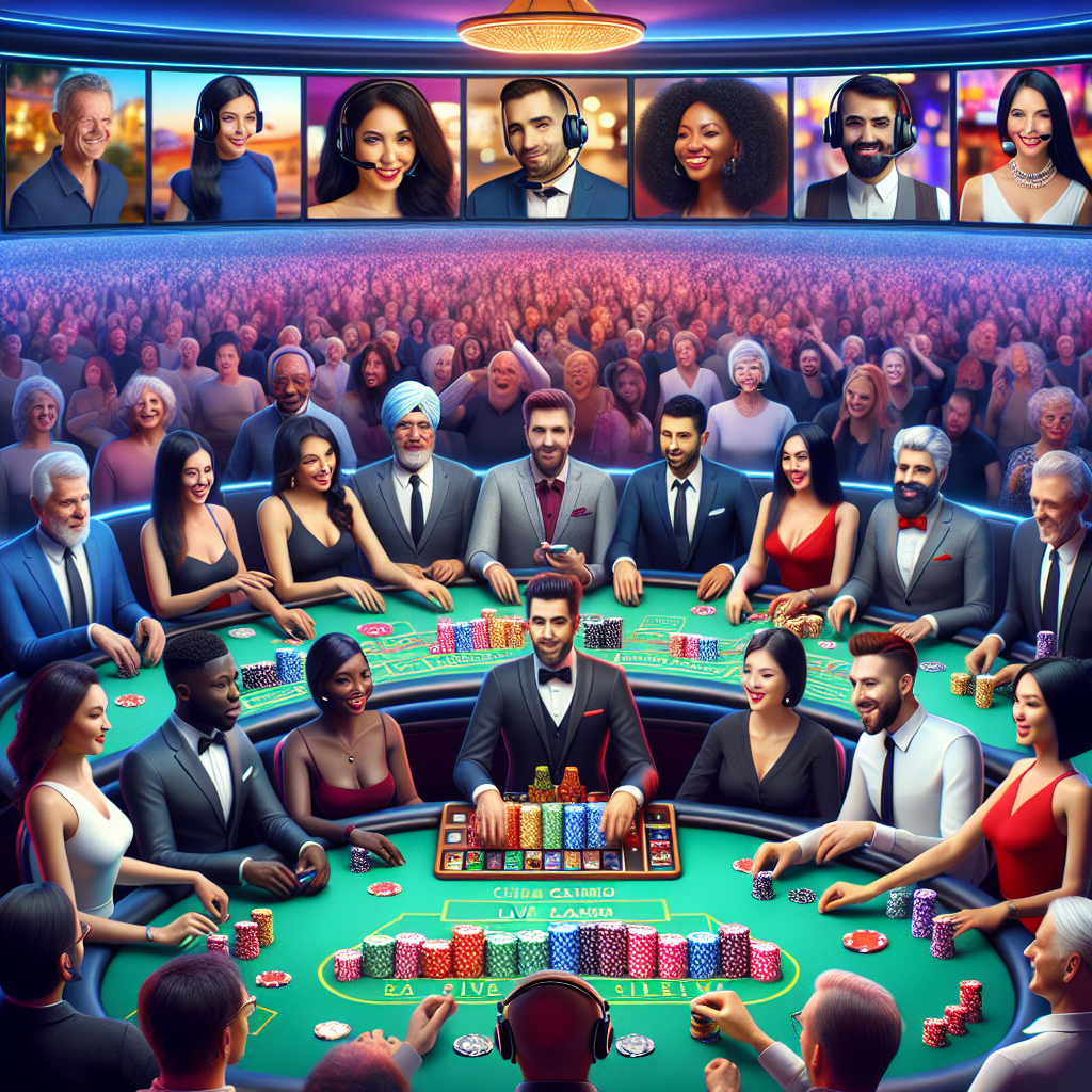 A vibrant scene depicting players enjoying various games at an online SG live casino with dealers interacting via video stream