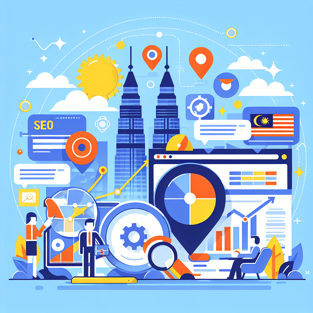 A vibrant illustration depicting various aspects of digital marketing in Malaysia including search engine optimization, local SEO strategies, and analytics.