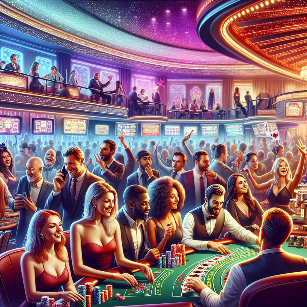 A vibrant digital illustration showcasing an SG live casino environment with players engaging with live dealers via high-definition screens