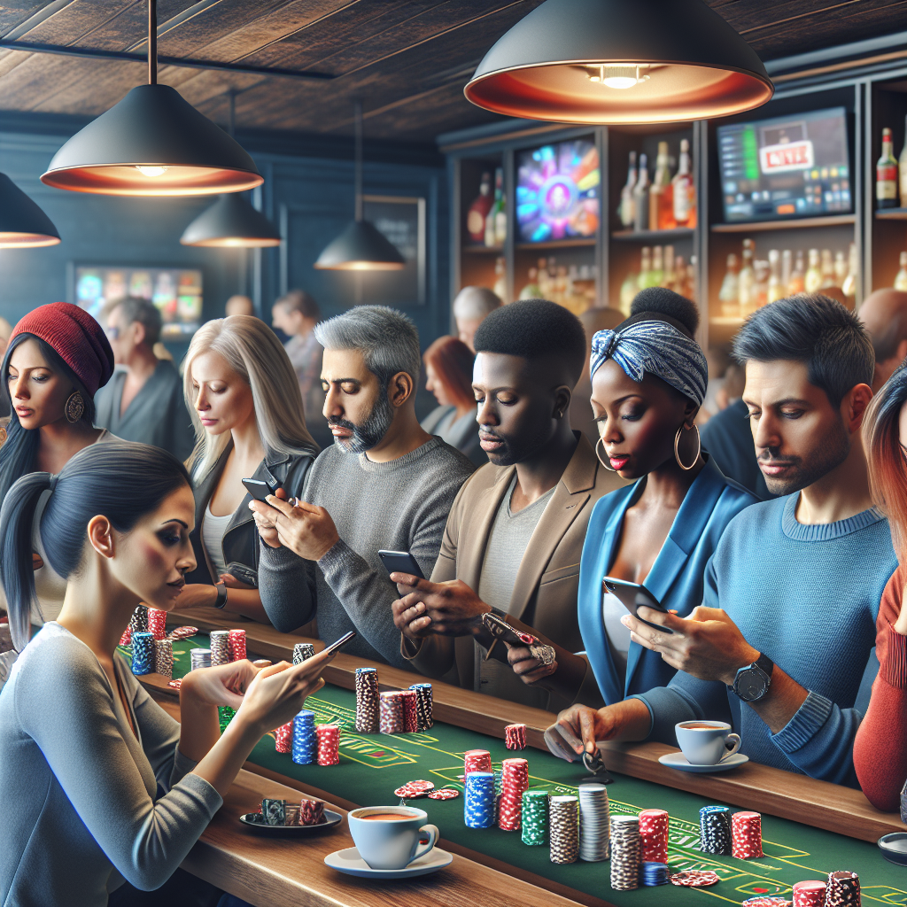 A vibrant scene depicting people playing live dealer casino games on their smartphones at a café