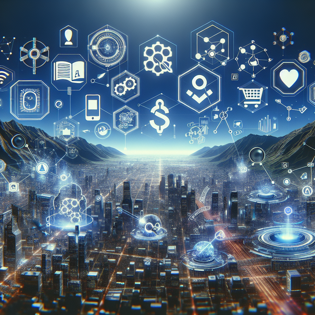 A futuristic digital landscape showcasing various aspects of SEO such as AI tools, voice search interfaces, e-commerce platforms, and user experience elements