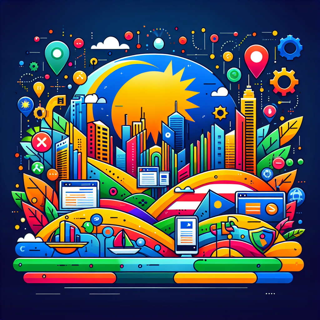 A vibrant digital landscape representing Malaysian websites with colorful icons symbolizing SEO elements like keywords, backlinks, and analytics