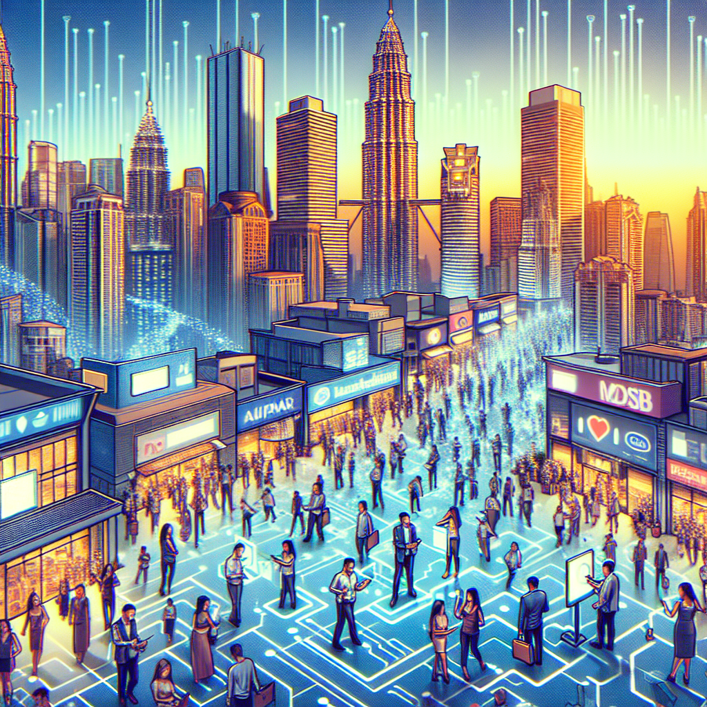 A vibrant digital marketing scene in Kuala Lumpur featuring diverse businesses engaging with customers online