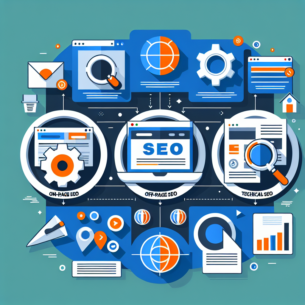 A visually appealing infographic showcasing key elements of website optimization including On-Page SEO, Off-Page SEO, Technical SEO