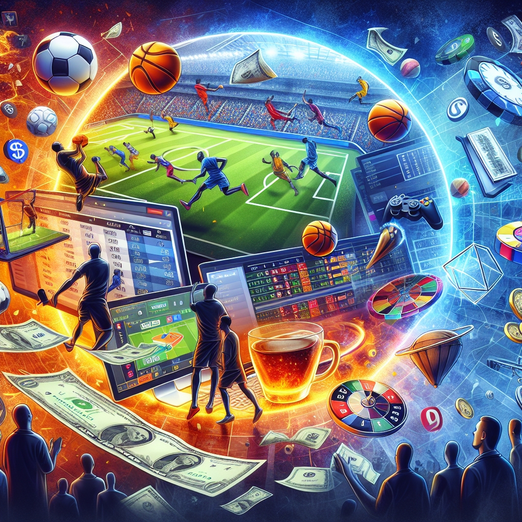 A vibrant collage showcasing various sports like football, basketball, and eSports with betting elements like odds and money symbols