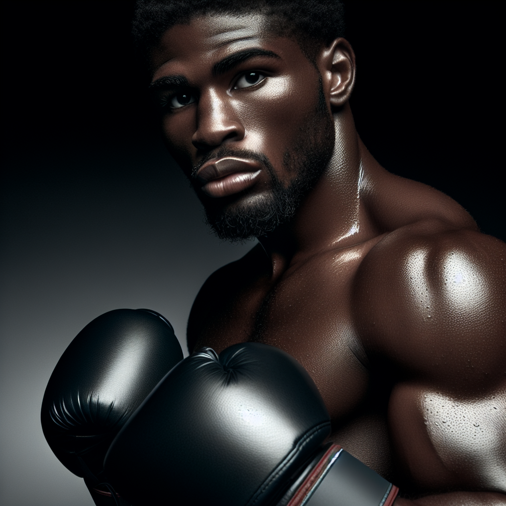 Portrait of Mike Tyson in boxing gear with a serious expression, capturing the intensity and determination of a legendary boxer