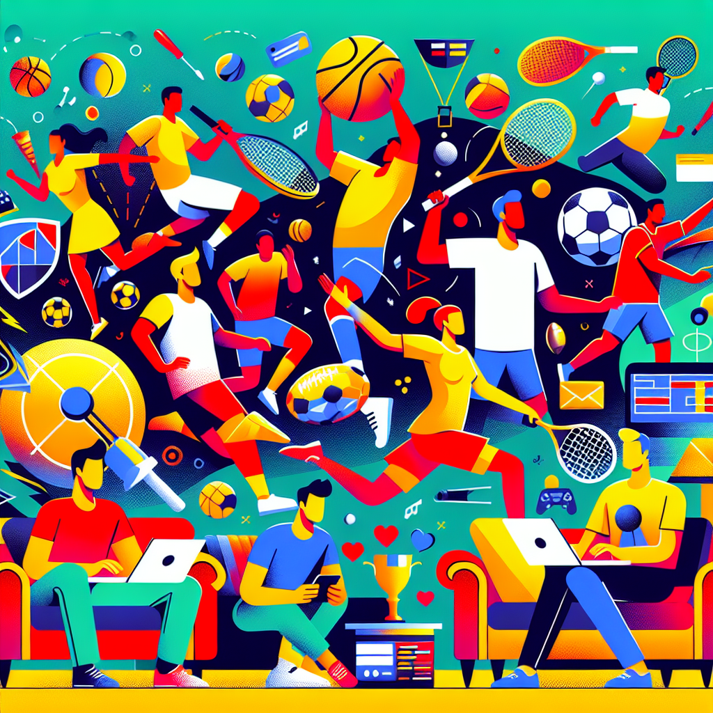 A vibrant illustration showing various popular sports events like football, basketball, tennis, and esports with people engaging in online betting