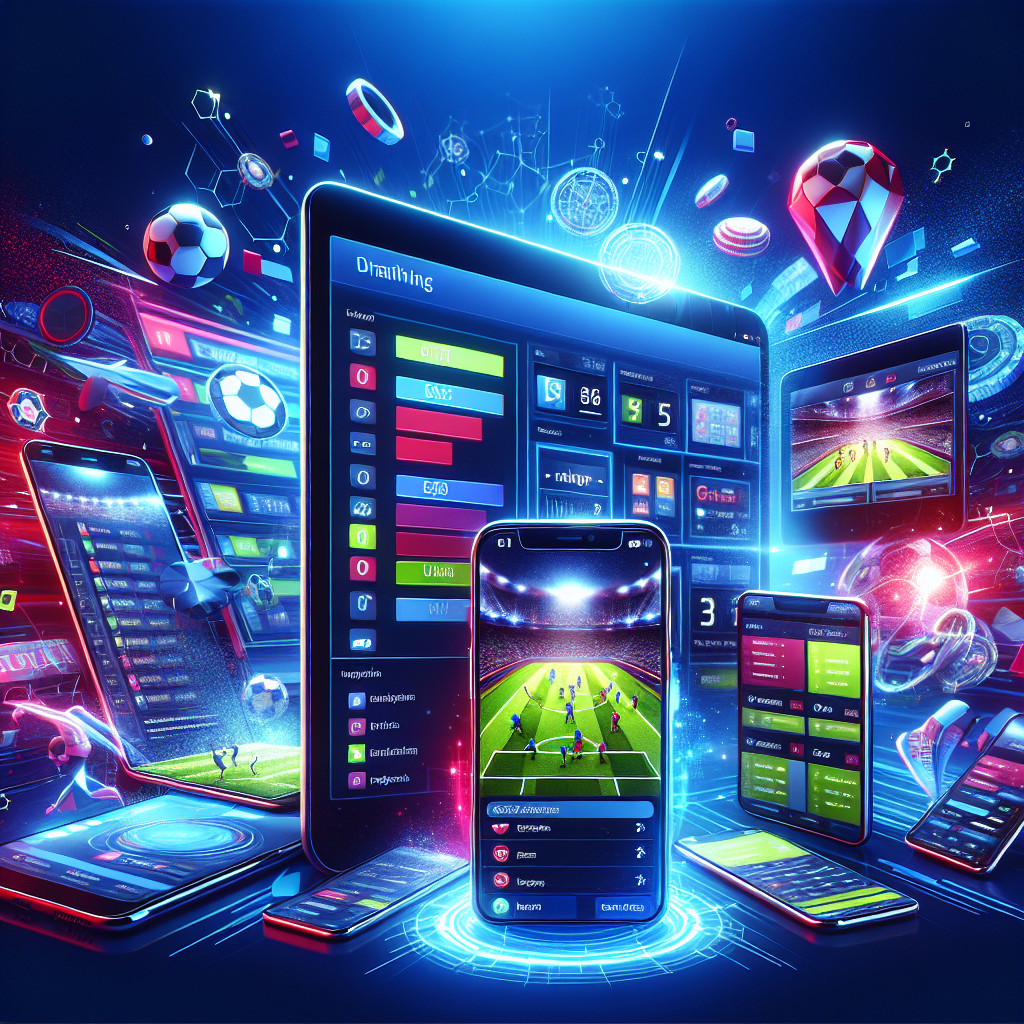 A modern online sports betting platform interface displayed on multiple devices including mobile phones and tablets with vibrant graphics