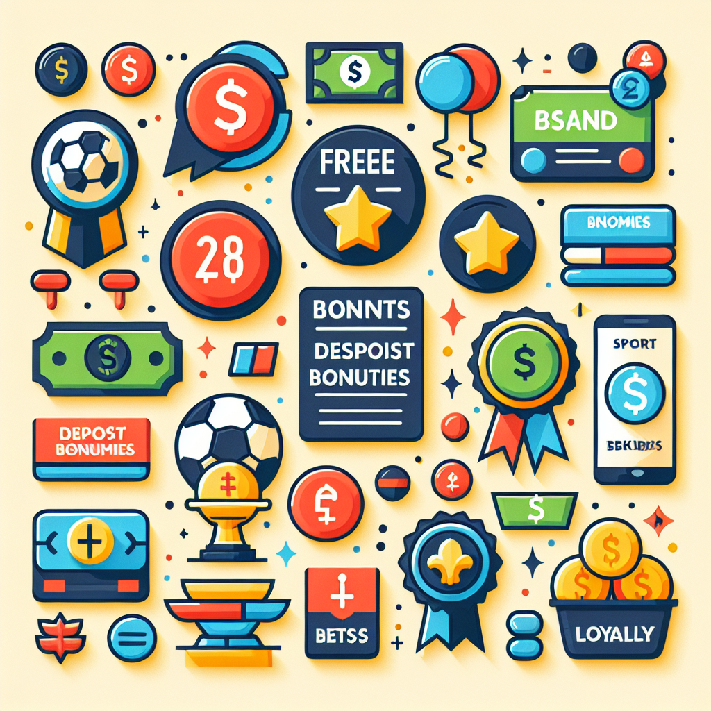 A vibrant graphic showing various types of sports betting bonuses and promotions with icons representing free bets, deposit bonuses, and loyalty rewards
