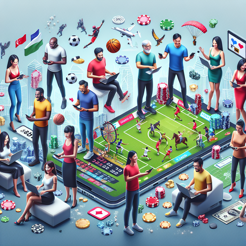 A vibrant illustration of online betting activities in Singapore with people using mobile devices and laptops, showing sports events and casino games